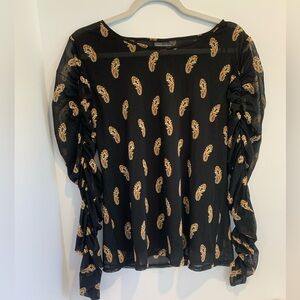 Vince Camuto Long Sleeve Black Stretch Mesh Top Orange Paisley Women’s Large